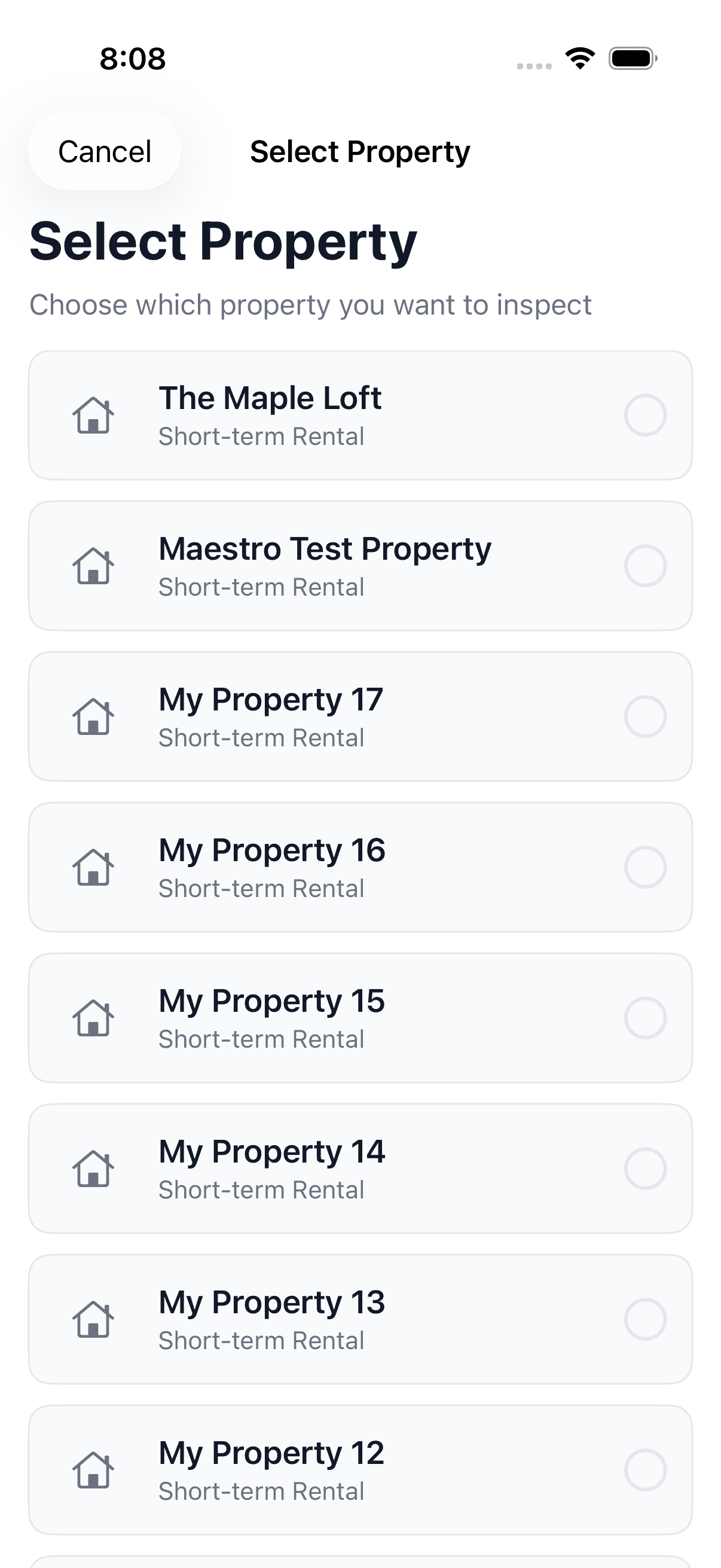 Selecting which property to inspect in the ProofMi app