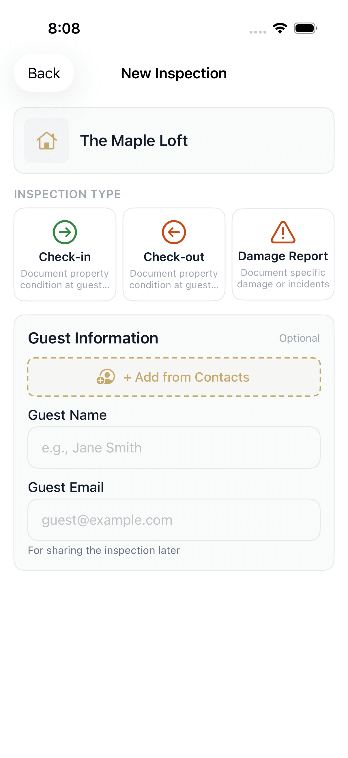 Choosing the inspection type — check-in, check-out, or damage report