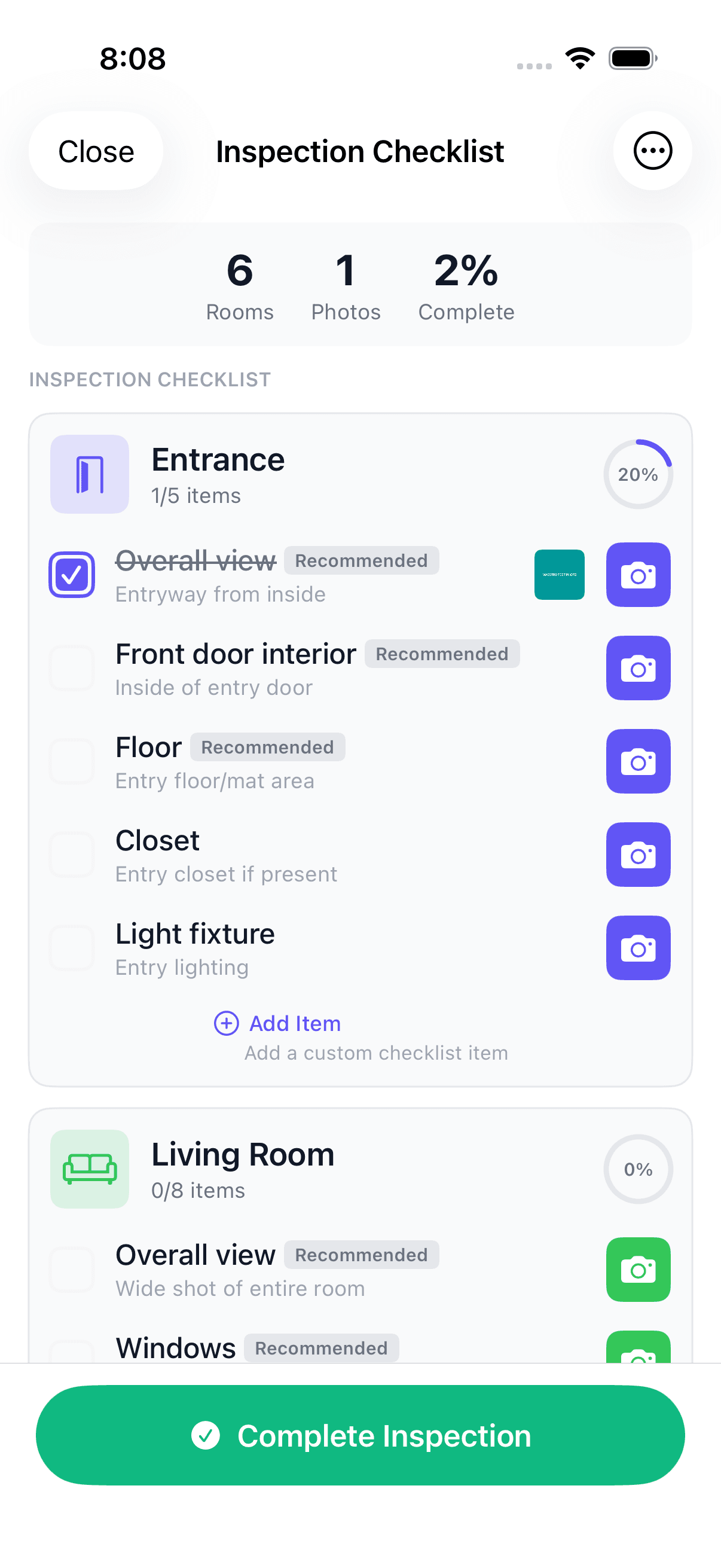 Capturing photos room by room from the inspection checklist