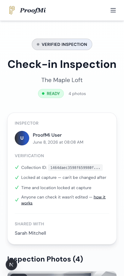 Guest opening the link in a browser — verified badge, collection-ID hash, and 'locked at capture' proof, no account needed