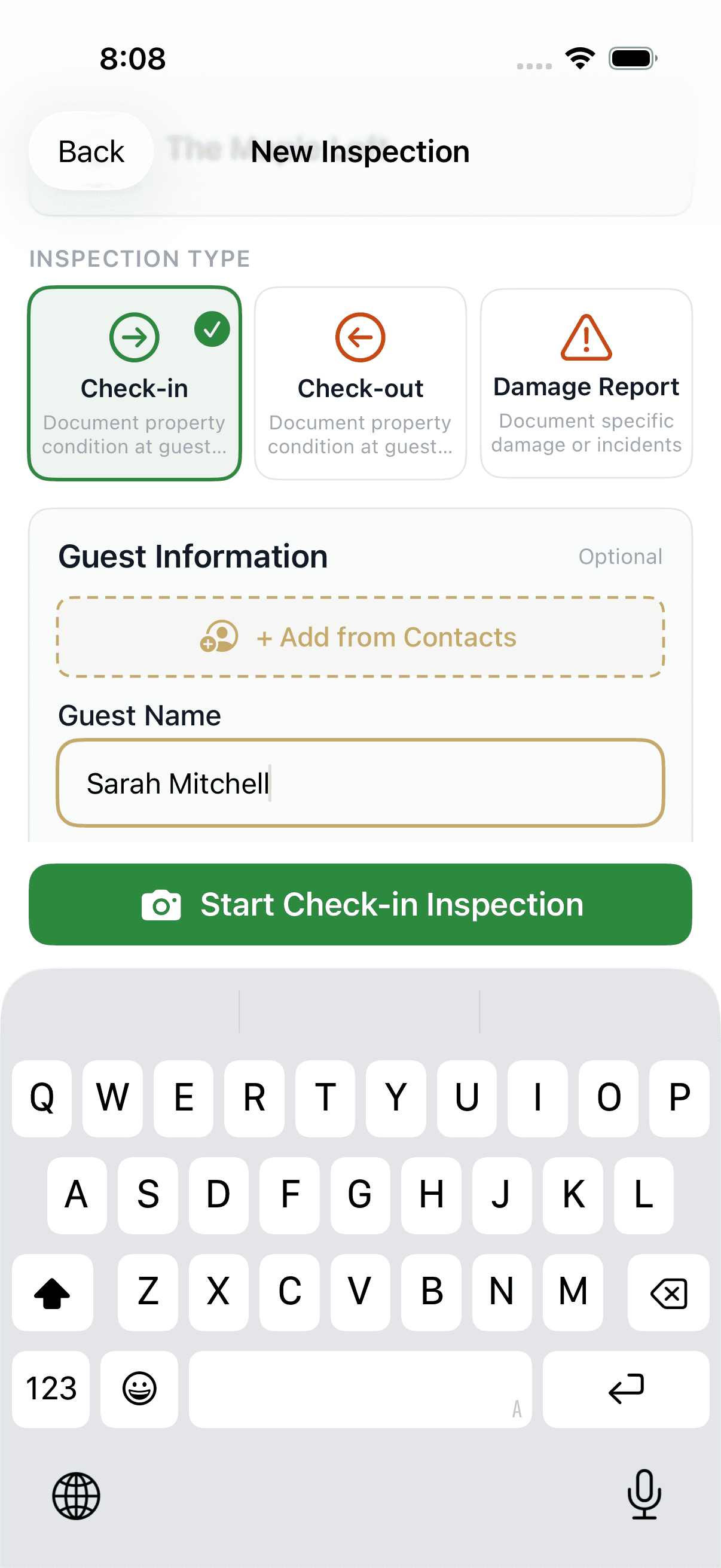 Entering the guest's name before sharing the inspection