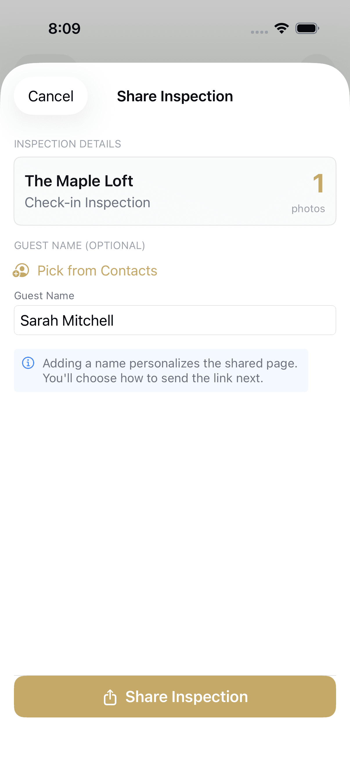 The in-app Share Inspection sheet with the generated verification link