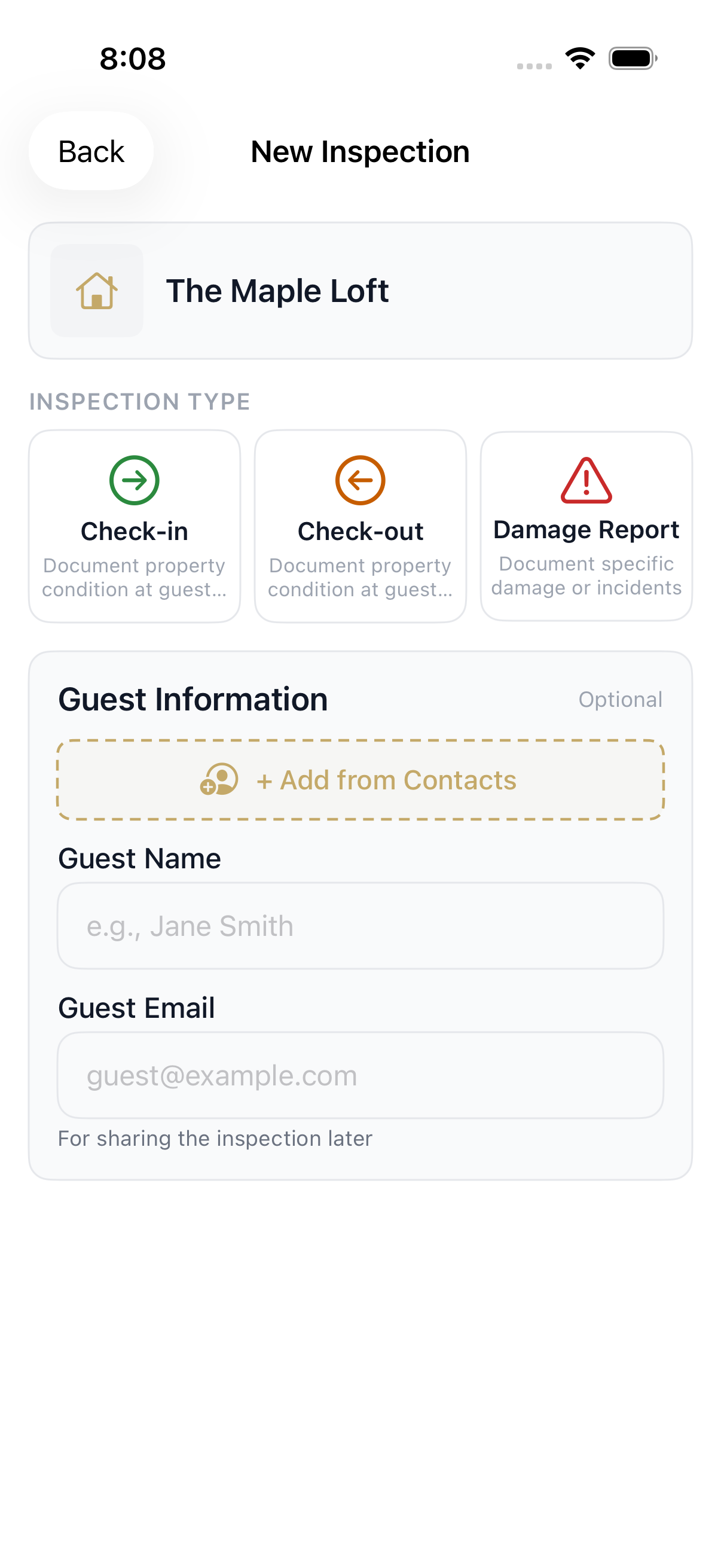 Choosing the inspection type — check-in, check-out, or damage report