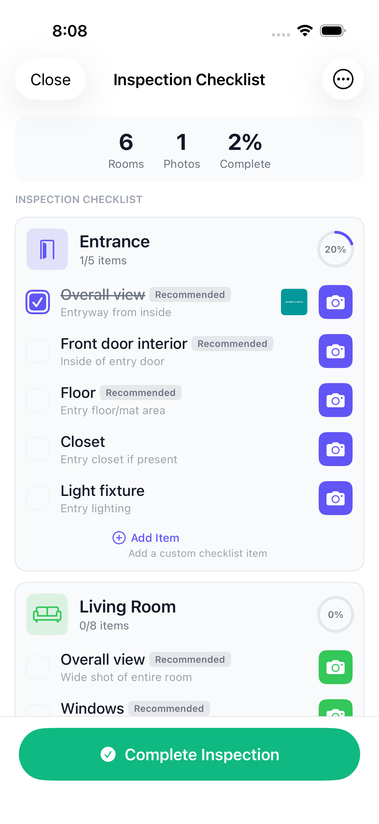 Capturing photos room by room from the inspection checklist