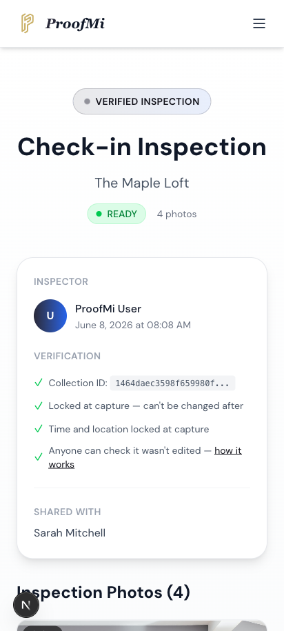 Guest opening the link in a browser — verified badge, collection-ID hash, and 'locked at capture' proof, no account needed