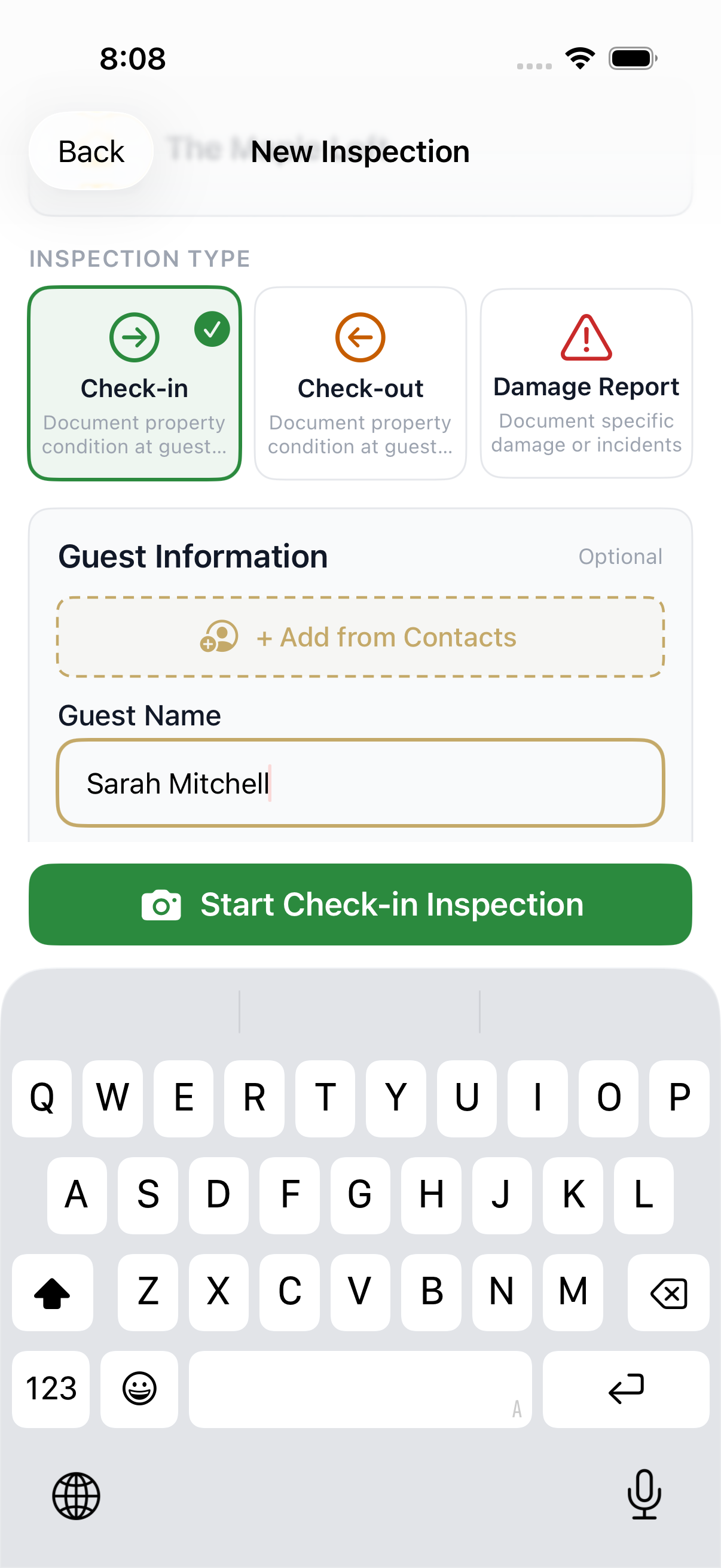 Entering the guest's name before sharing the inspection