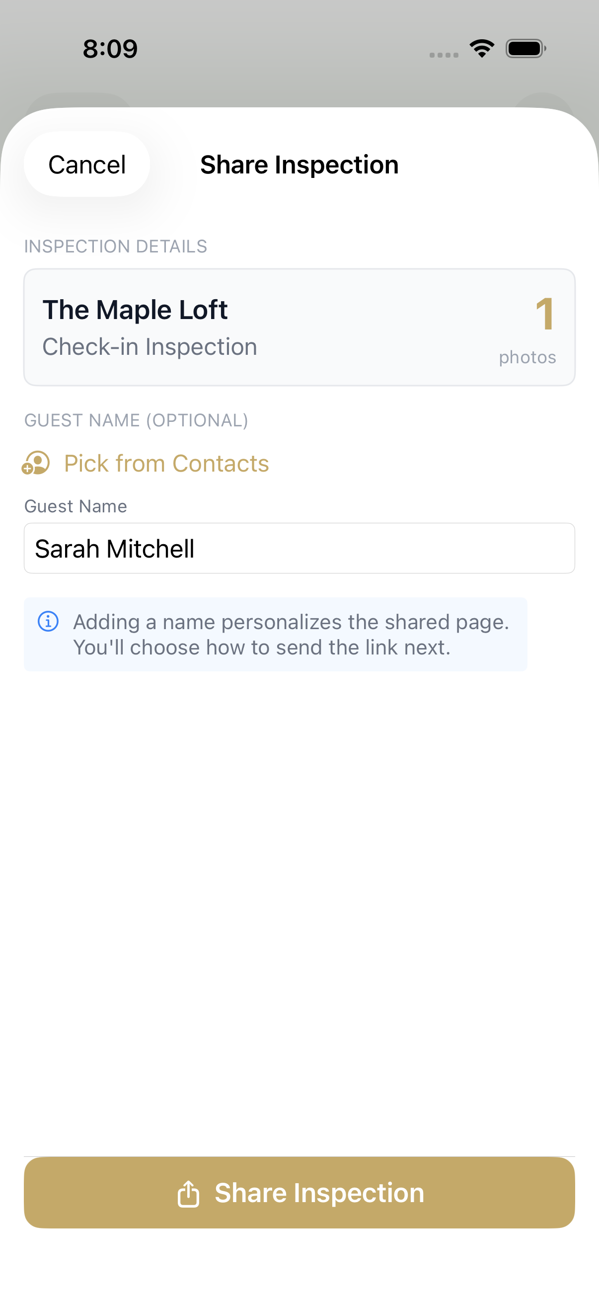 The in-app Share Inspection sheet with the generated verification link